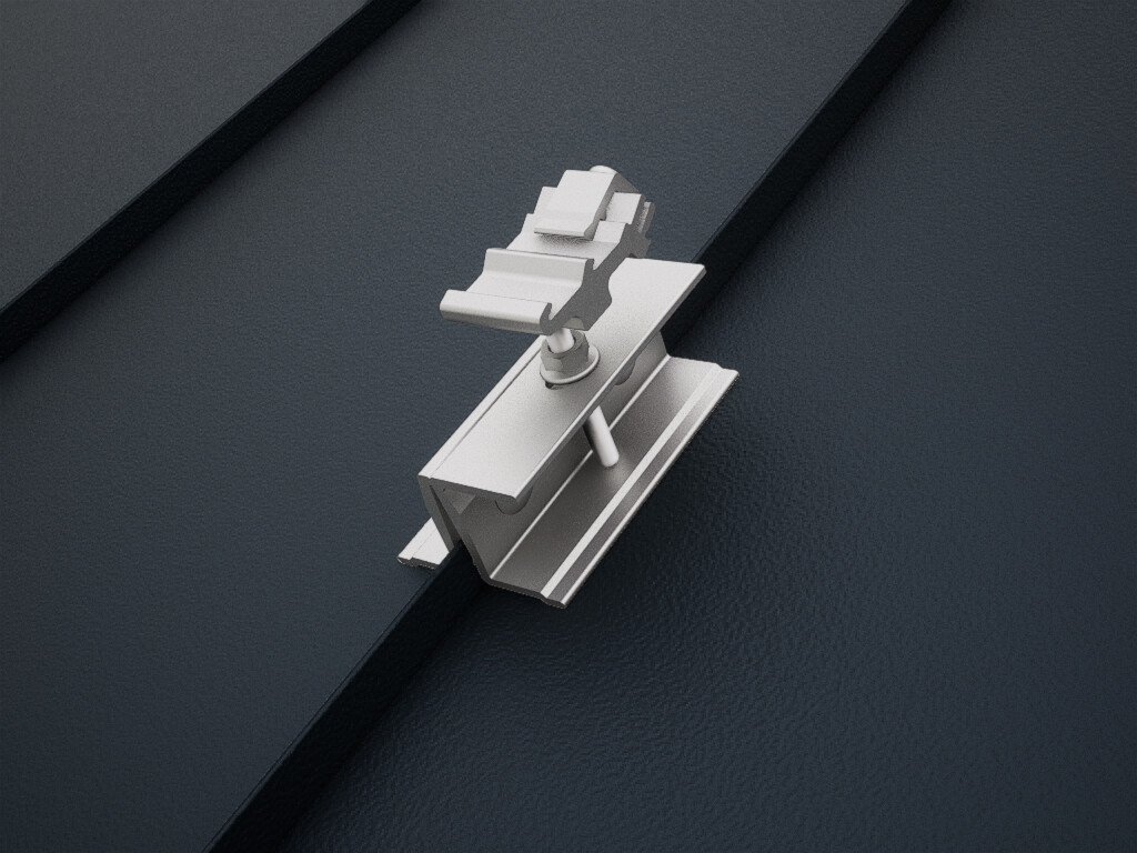 Detailed view of the PREVARIO PREFALZ mounting system on a dark PREFALZ roof.