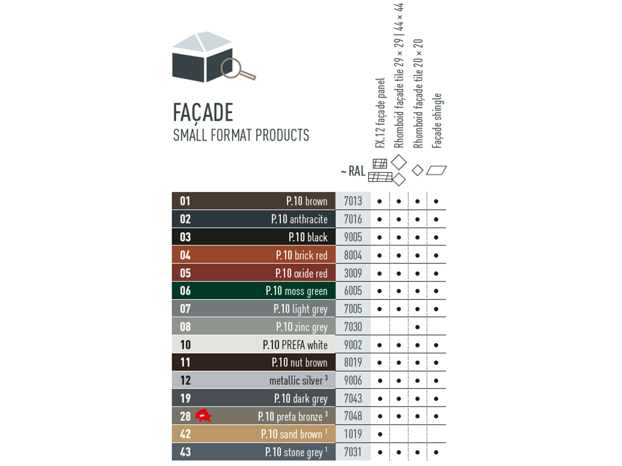 Colour chart for available colours with small format cladding products. Façade products are available in various P.10 and standard colours.
