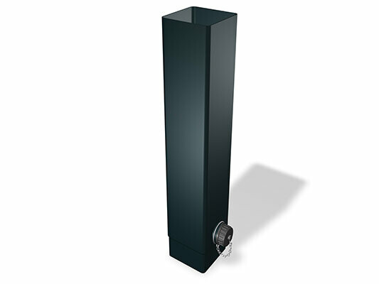 PREFA square downpipe water collector, available in 100 mm, is used for efficient collection of rainwater in roof drainage systems.