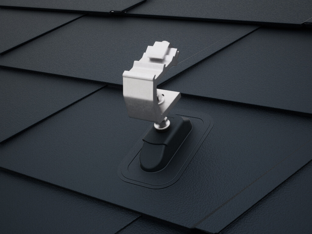 Detailed view of the PREVARIO Sunny solar bracket, mounted on a dark PREFA roof with DS.19 shingles.
