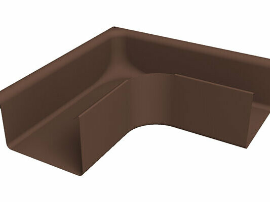 The image shows a brown PREFA box gutter corner 90° external made from high-quality aluminium. This sturdy gutter accessory is used to securely connect box gutters over external corners and ensures reliable roof drainage. The gutter corner is available in sizes 250, 333, 400 and 500.