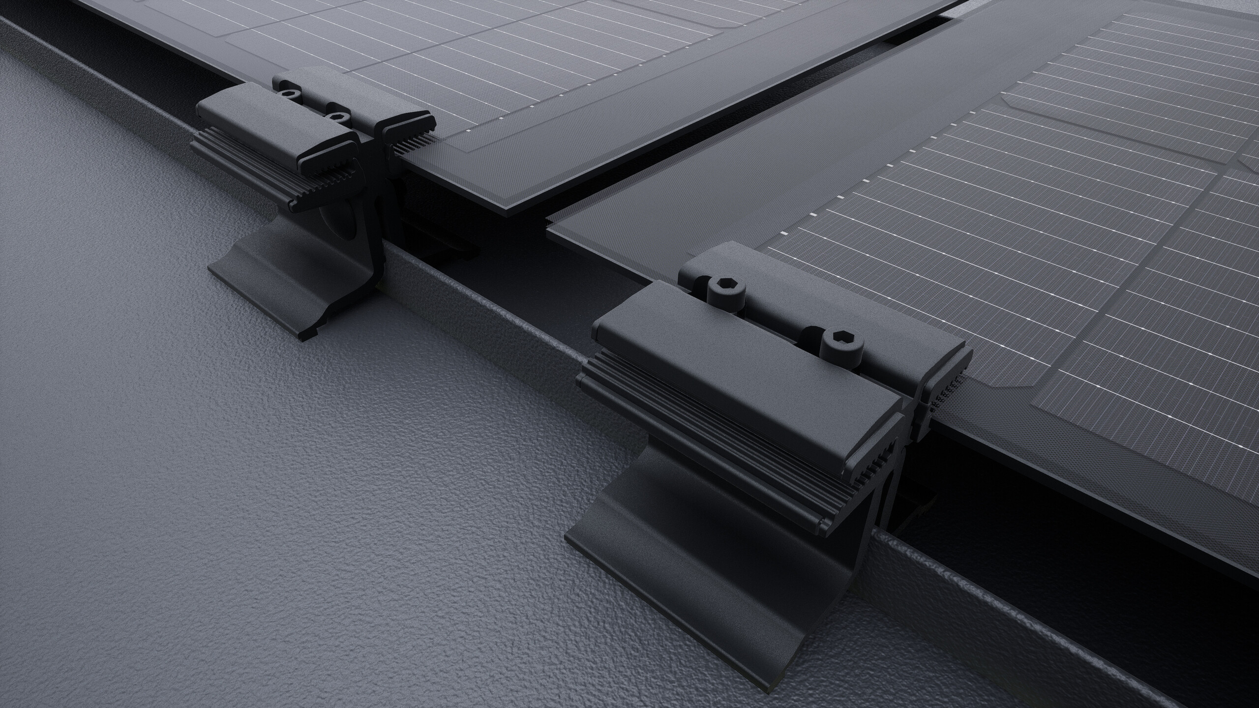 Close-up of the PREFALZ solar panel with black middle clamps. The panels are installed directly on the seams on the PREFALZ roof system. 