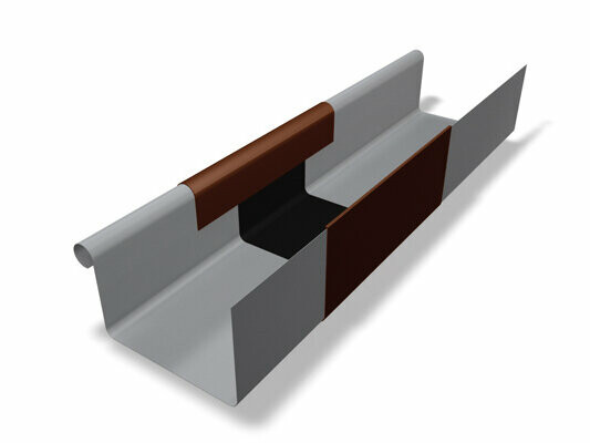 The image shows a PREFA box gutter expansion joint with bead and cover plate in grey-brown made from high-quality aluminium. This connecting element is used to extend box gutters and ensures a tight, durable and visually appealing connection in the roof drainage system. The gutter expansion joint is available in sizes 280, 333 and 400.