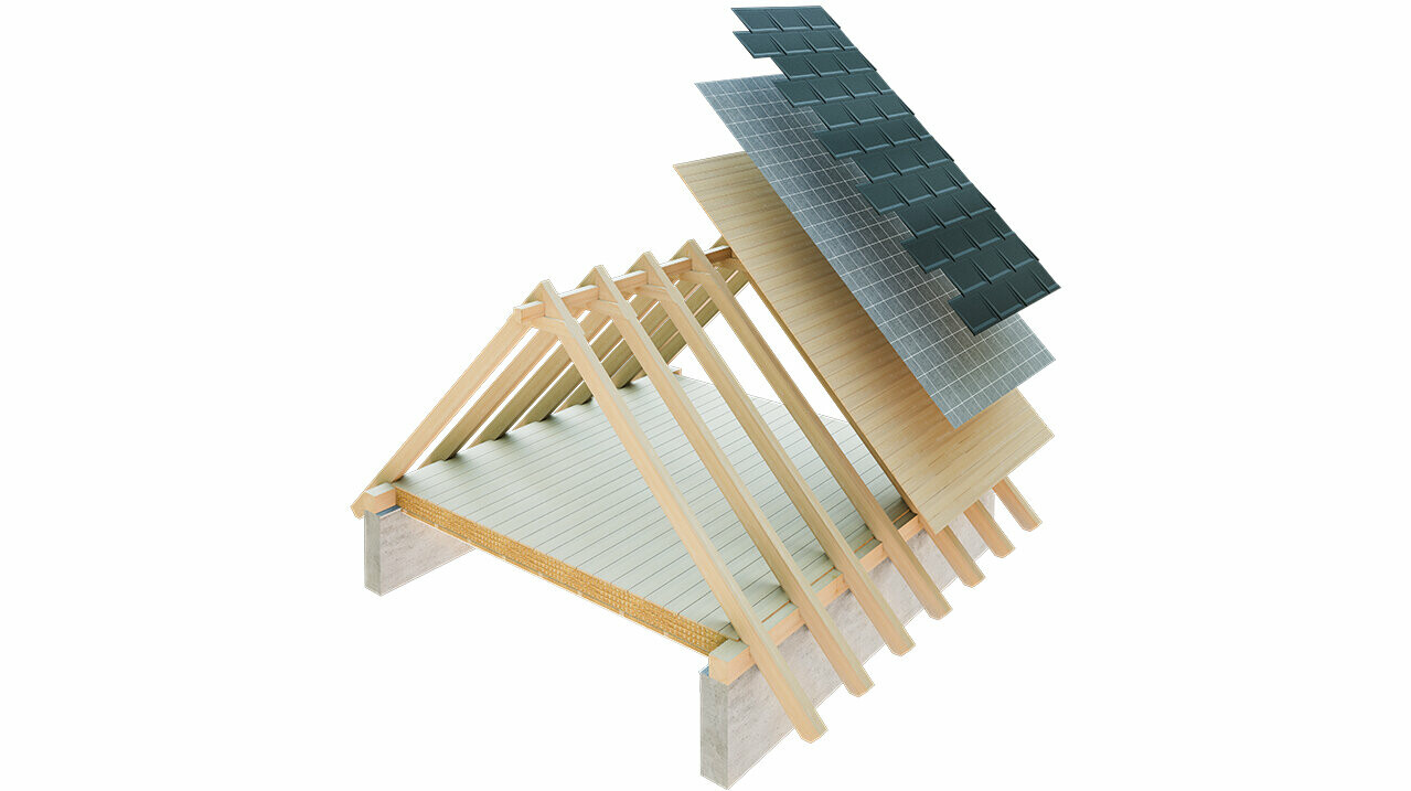 PREFA technical drawing of a single-skin roof structure – the attic cannot be used as a living space because it acts as the ventilation layer for the metal roof; full casing and separation layer without battens; warm roof