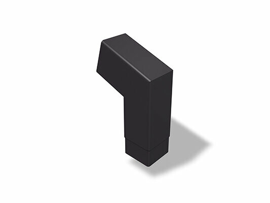 The PREFA square downpipe elbow 72° (short) is available in sizes 80 and 100 mm, with dimensions of 196 x 196 mm (visible). This compact downpipe elbow allows for precise changes in direction when installing square downpipes in roof and façade systems.