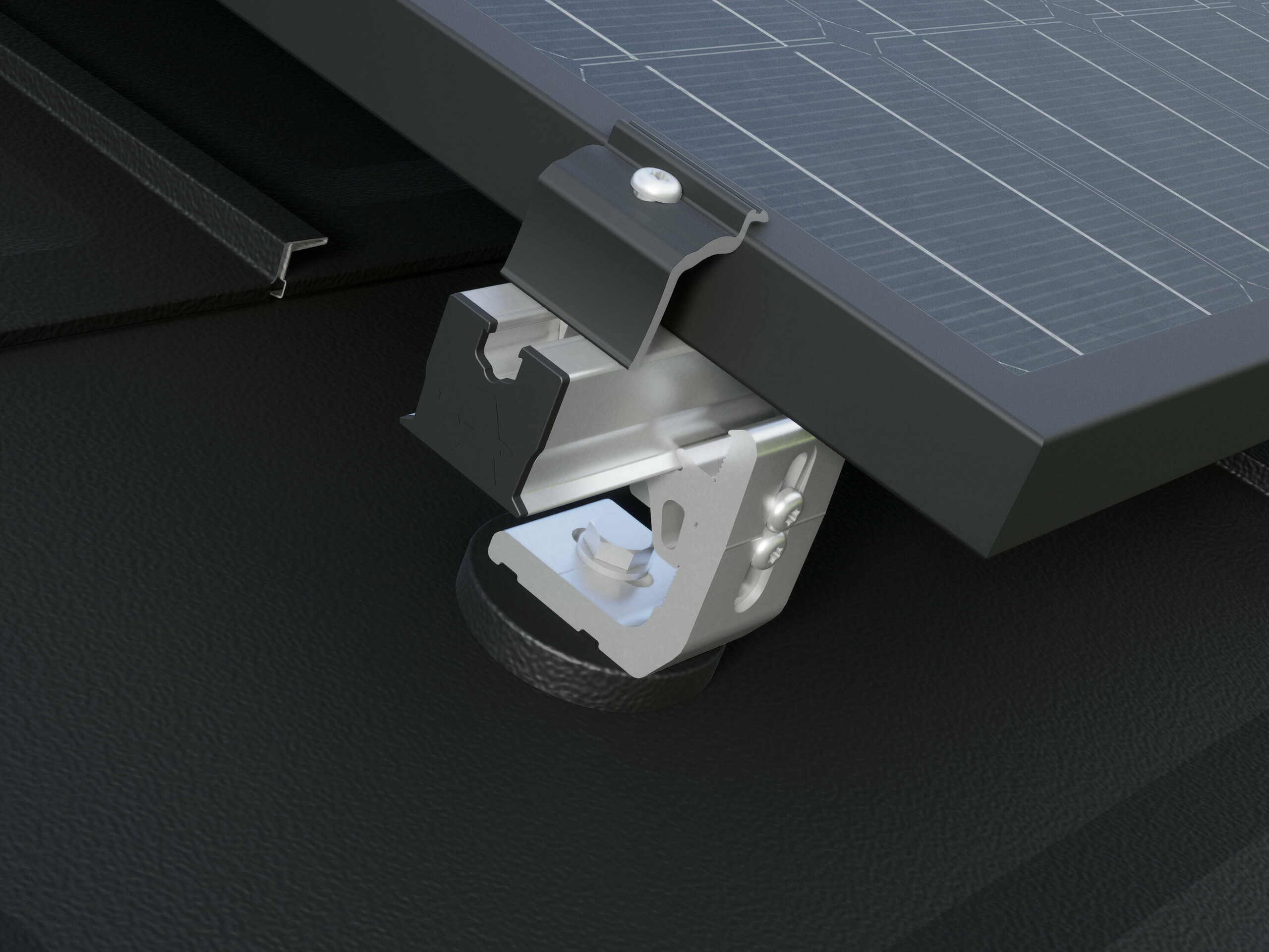 Close-up of the PREVARIO 3.S solar bracket mounted on a dark PREFA roof, which supports the profile rail. The solar module was fastened to the profile rail using the PREVARIO end clamp.