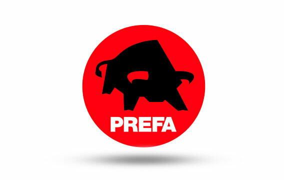 PREFA Logo, roter Kreis mit schwarzem Stier, auf weißem Hintergrund mit Schatten darunter;