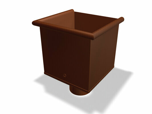 PREFA leader heads, available in sizes Ø 80, 100, 120 and 150 mm, are used to collect and direct rainwater in roof drainage systems.